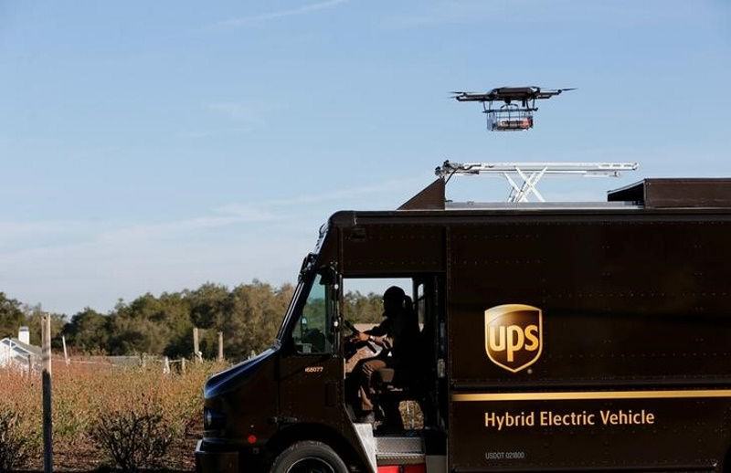 Delivery drone taking off from UPS truck