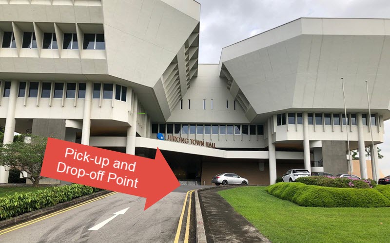 Pick-up and Drop-off point at the entrance to level 1 lobby of Trade Association Hub (TA Hub) Jurong Town Hall