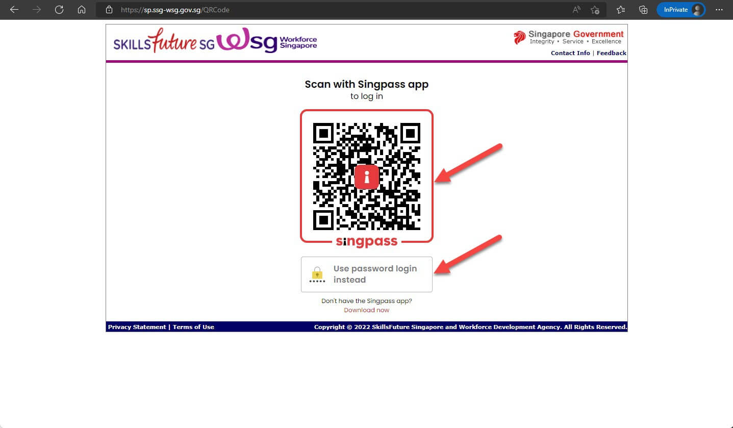 Login using SingPass App or Credentials