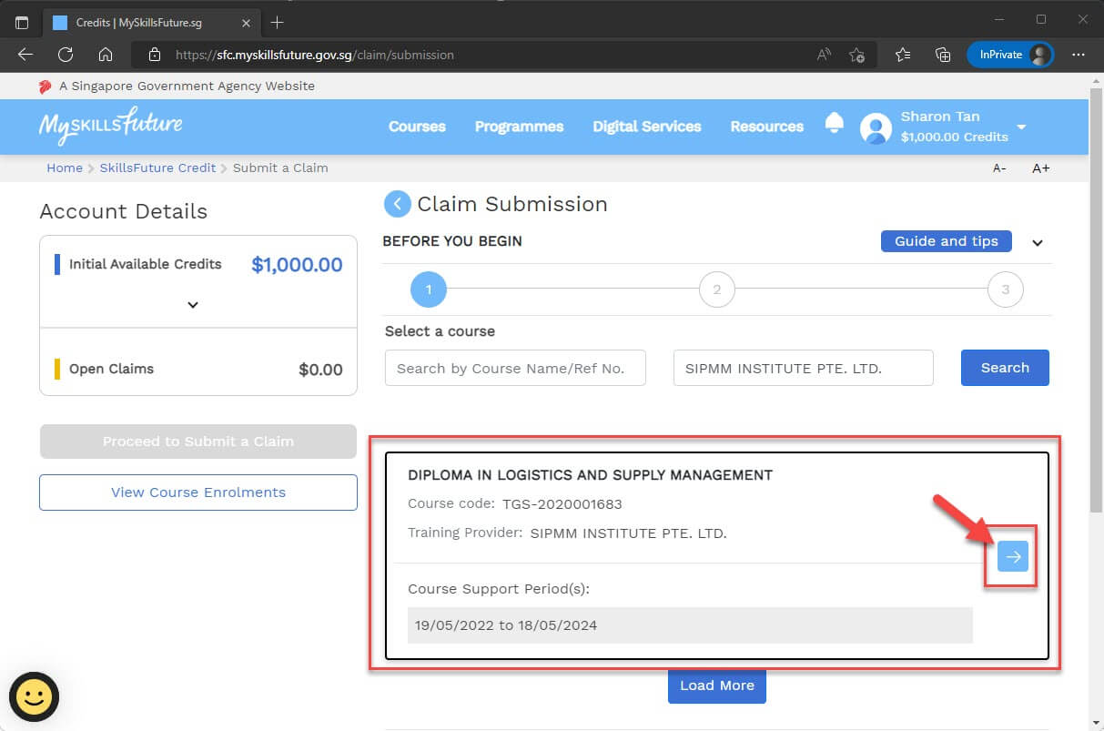 Select the course to claim SkillsFuture credit