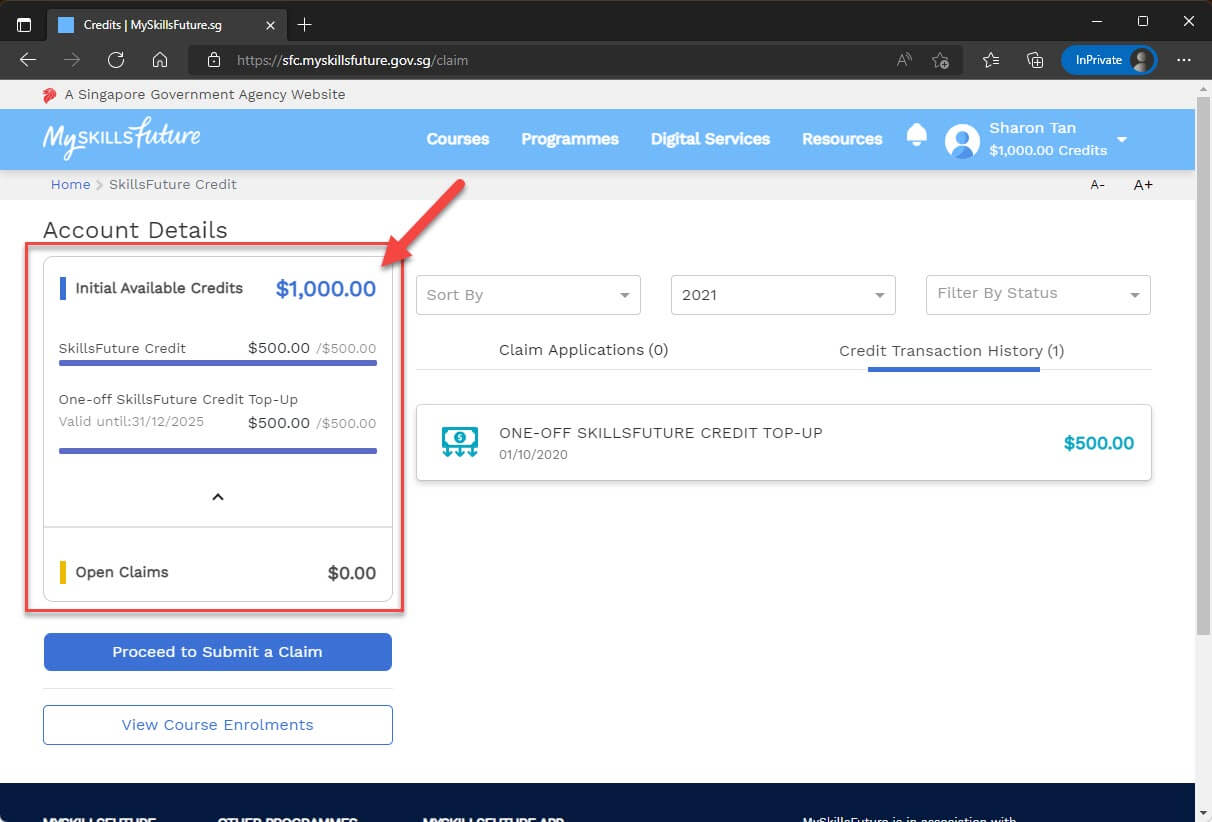 SkillsFuture Credit Balance and History