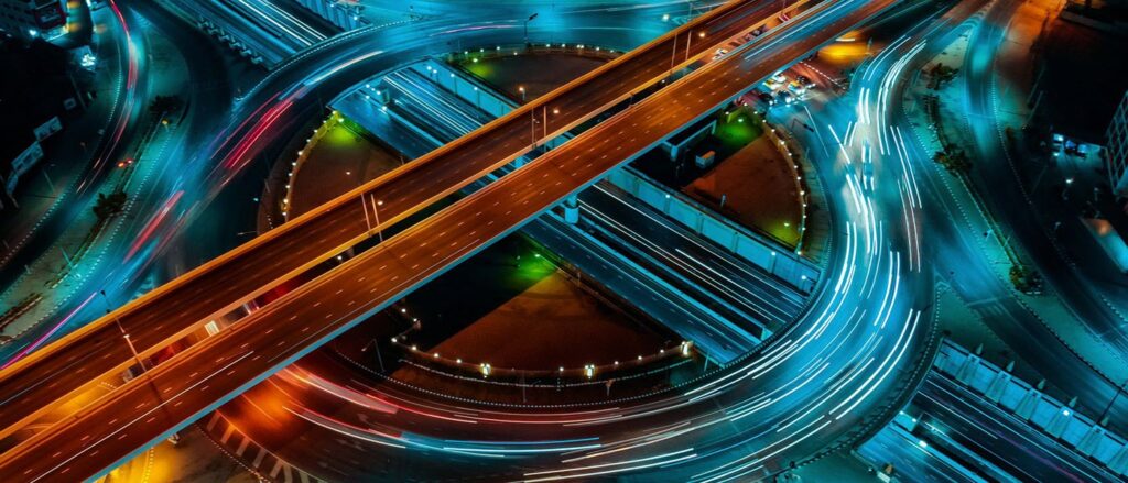 A highway interchange at night
