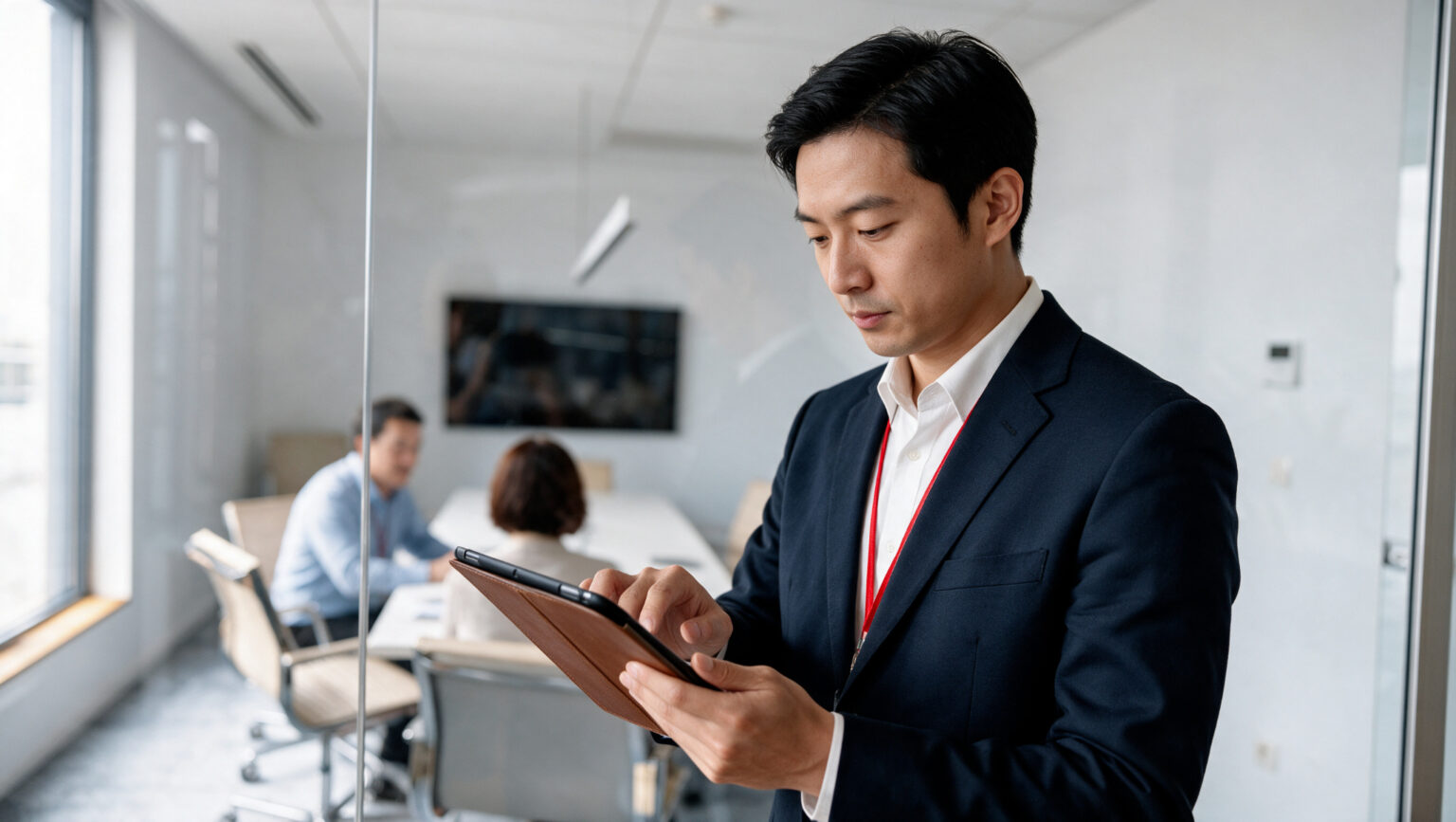 A professional studying on a tablet
