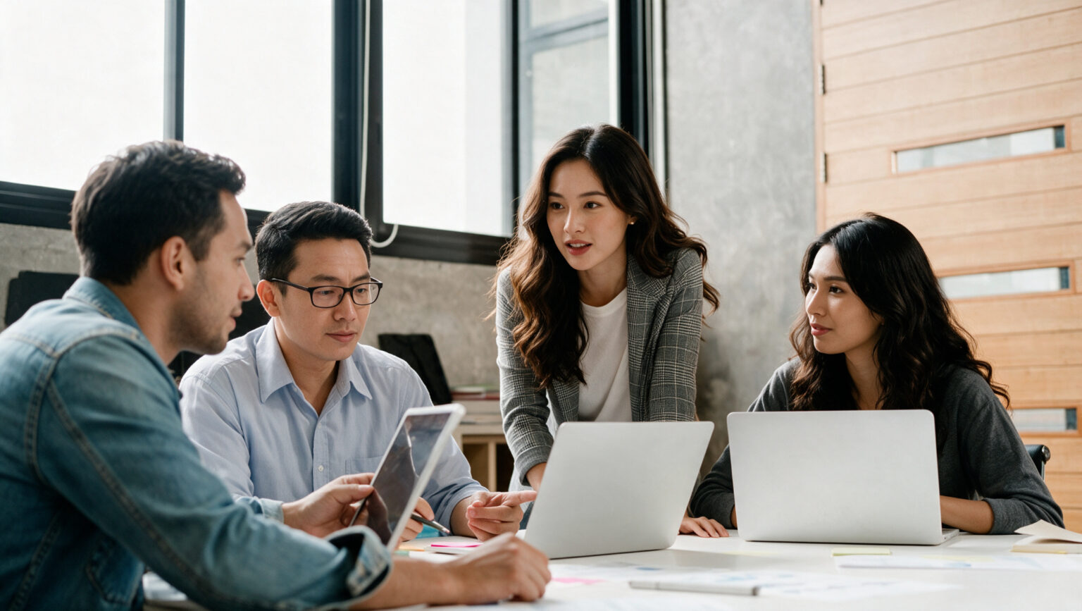 Colleagues collaborating around a shared desk