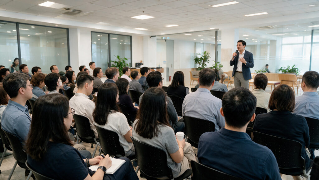 A speaker presenting to professionals at a seminar