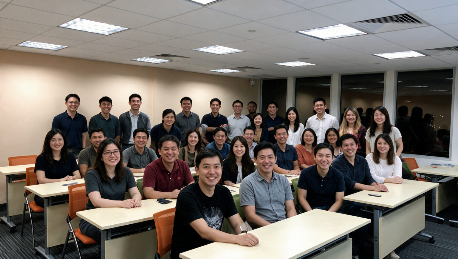 A class cohort gathered for a group photograph in the classroom