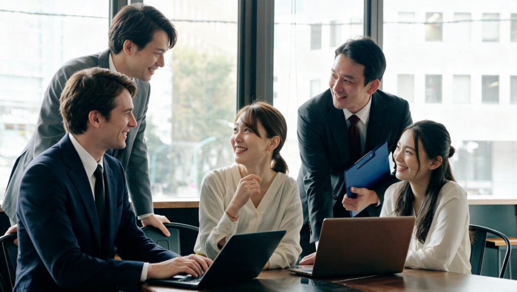 A project team working together over a laptop