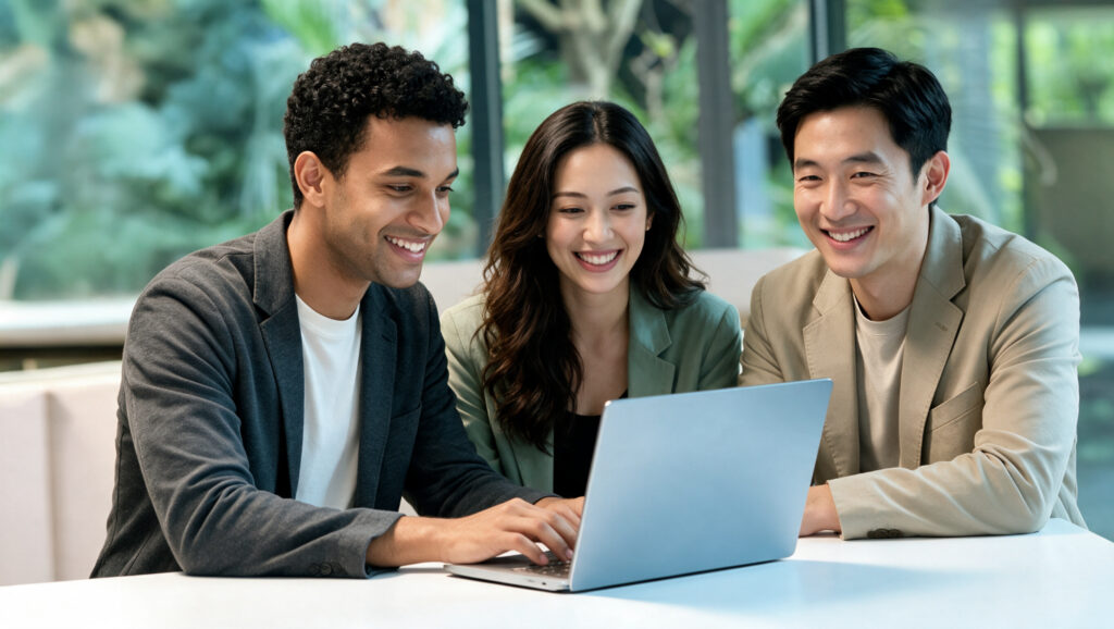 Three professionals studying together over a laptop
