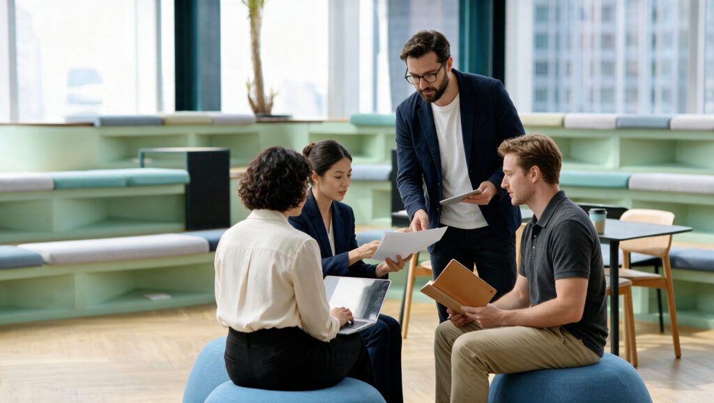 A facilitator working with a team in discussion