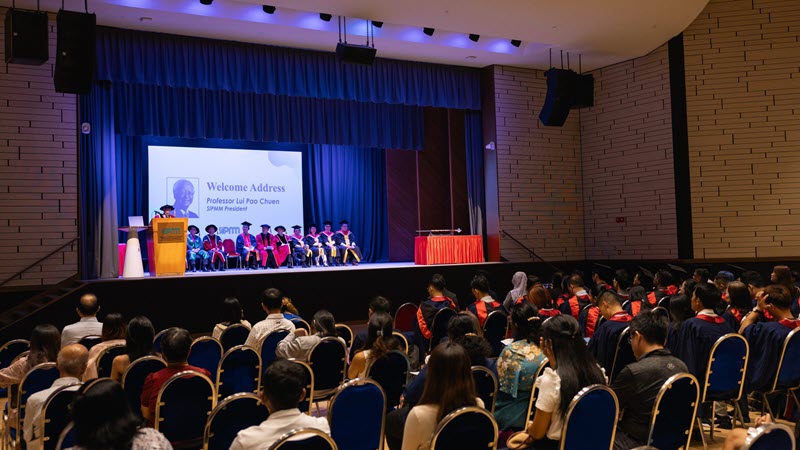The graduation ceremony hall during the welcome address