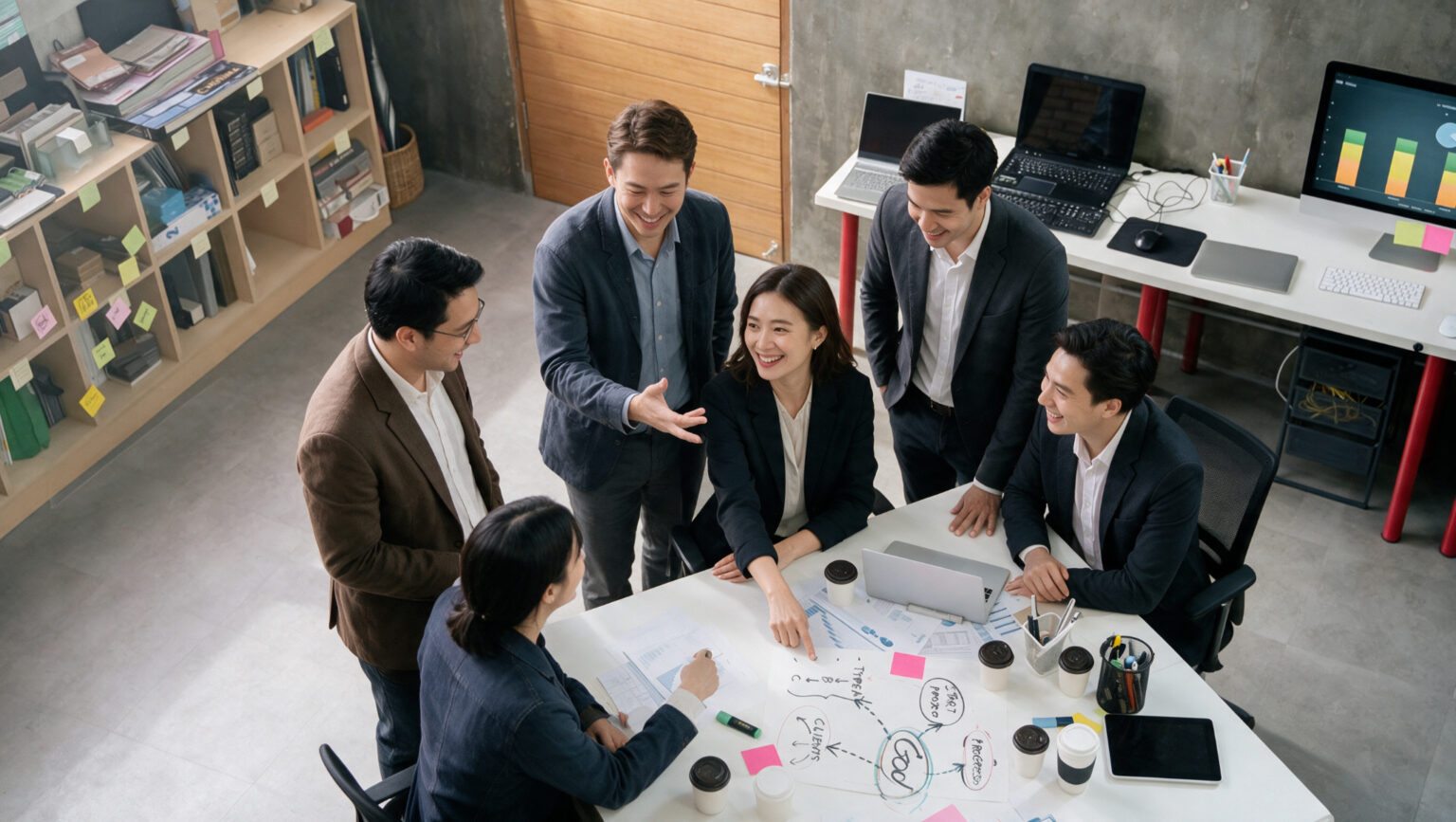 A team planning strategy at a whiteboard
