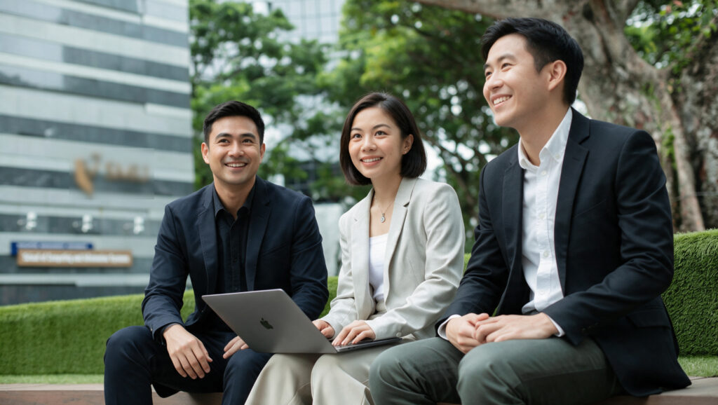 Young professionals in discussion outside an office