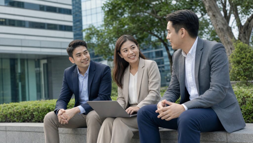 Three professionals in discussion outside an office