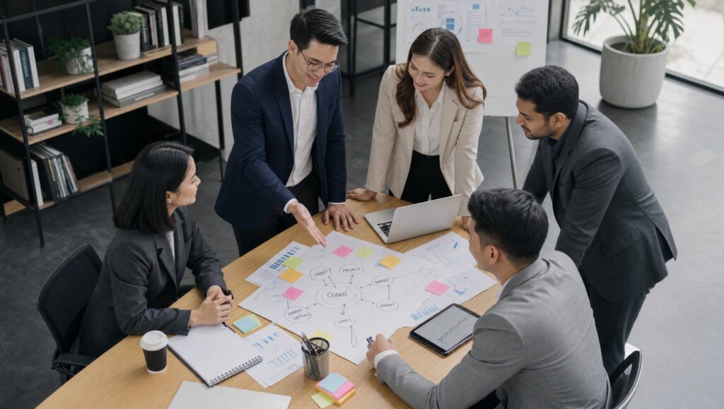 A team brainstorming with sticky notes around a table