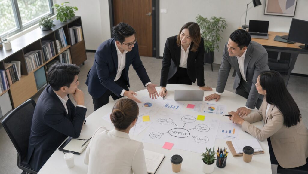 A team planning strategy around a shared table