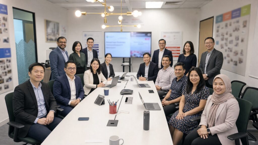 A corporate training team gathered for a group photograph