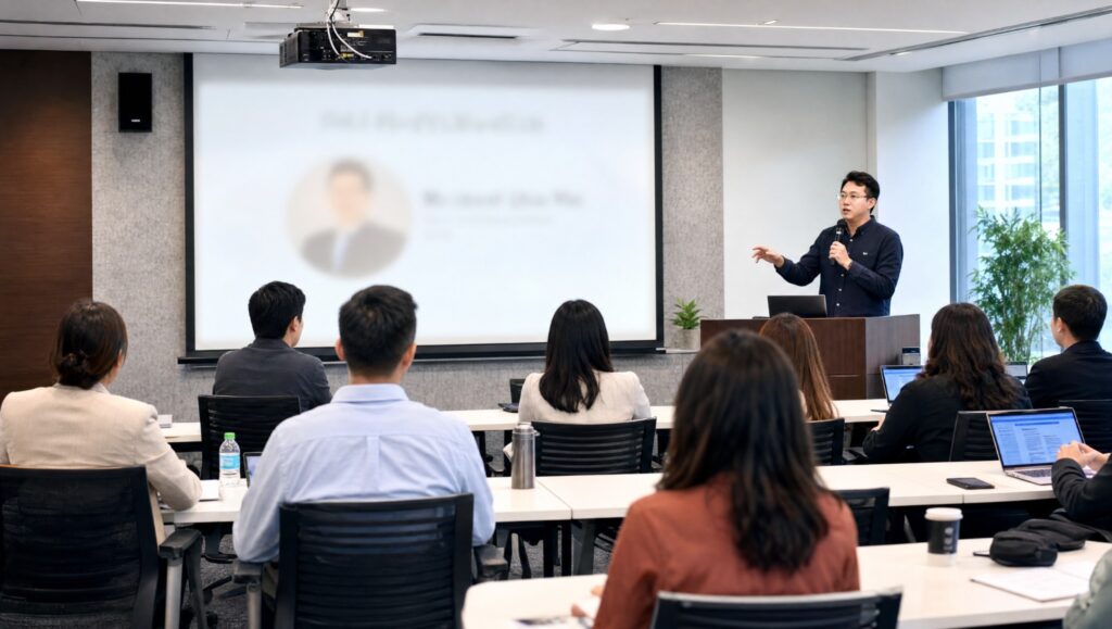 A guest speaker presenting at an Executive Education seminar