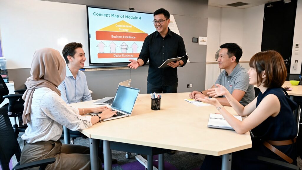 A facilitated classroom session with a concept map on screen