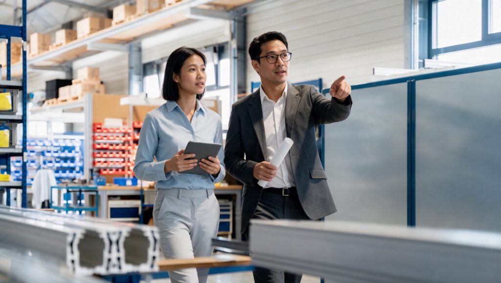 Two managers reviewing operations on a factory floor