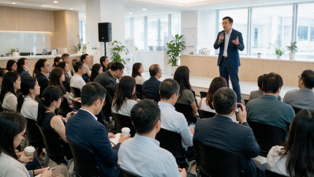 A speaker presenting to a seminar audience