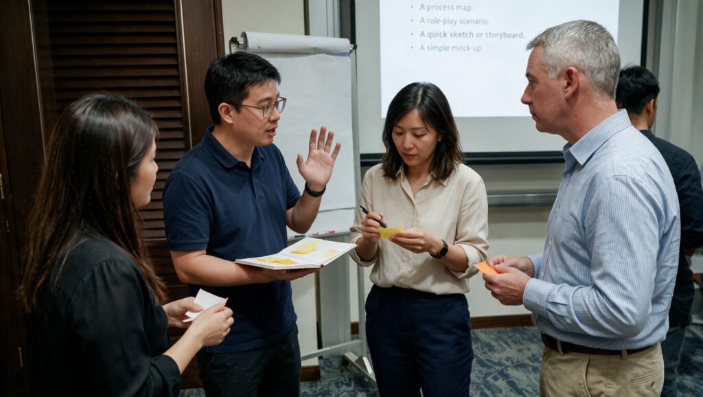 Participants in a workshop activity exchanging notes