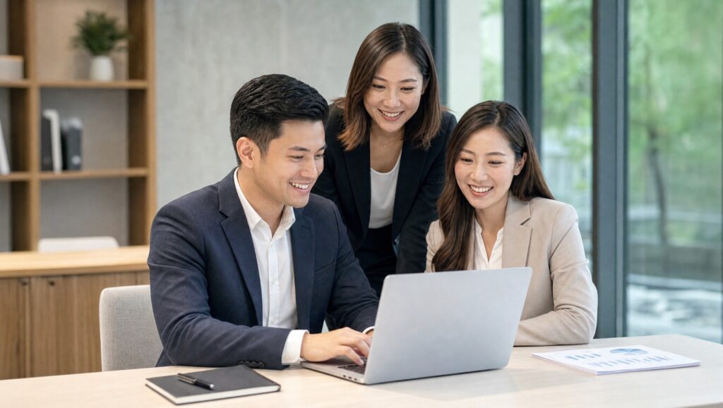 Colleagues collaborating at a laptop