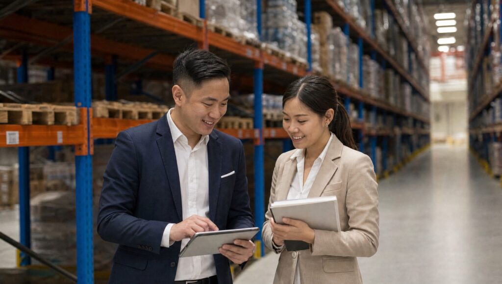 Two managers reviewing inventory operations in a warehouse